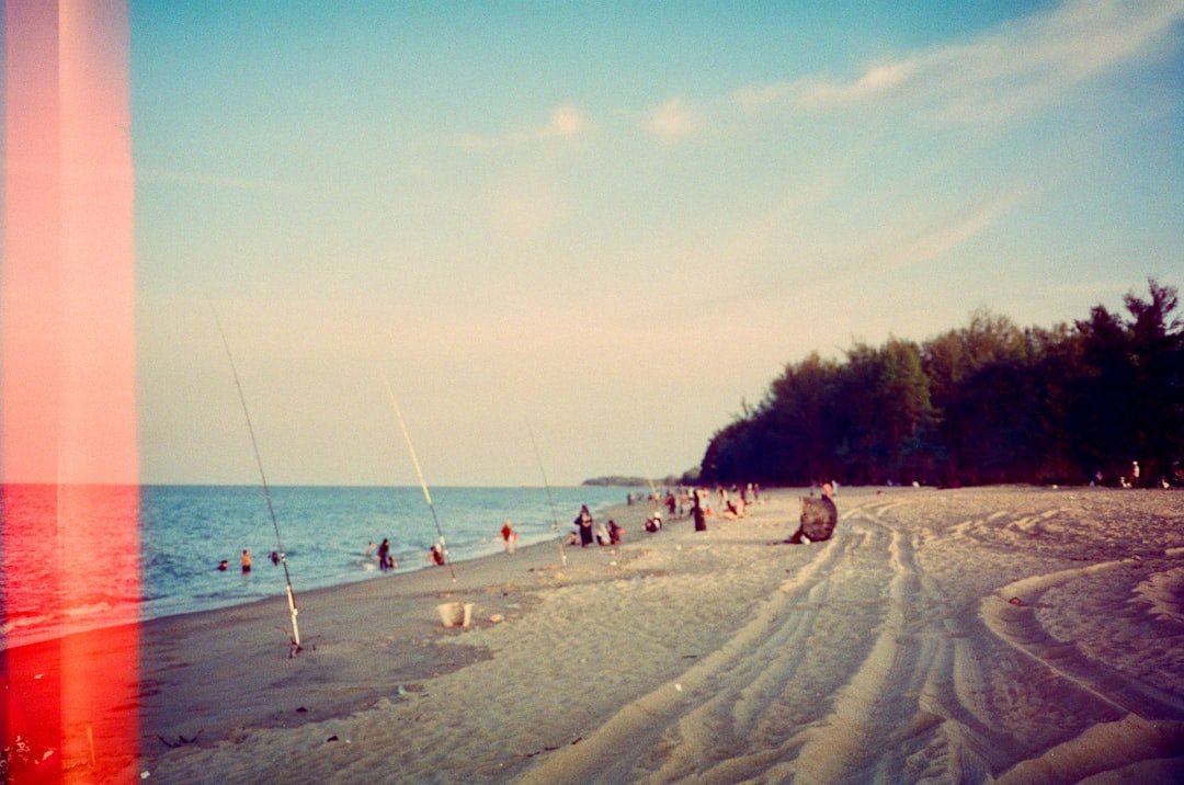a group of people standing on top of a sandy beach