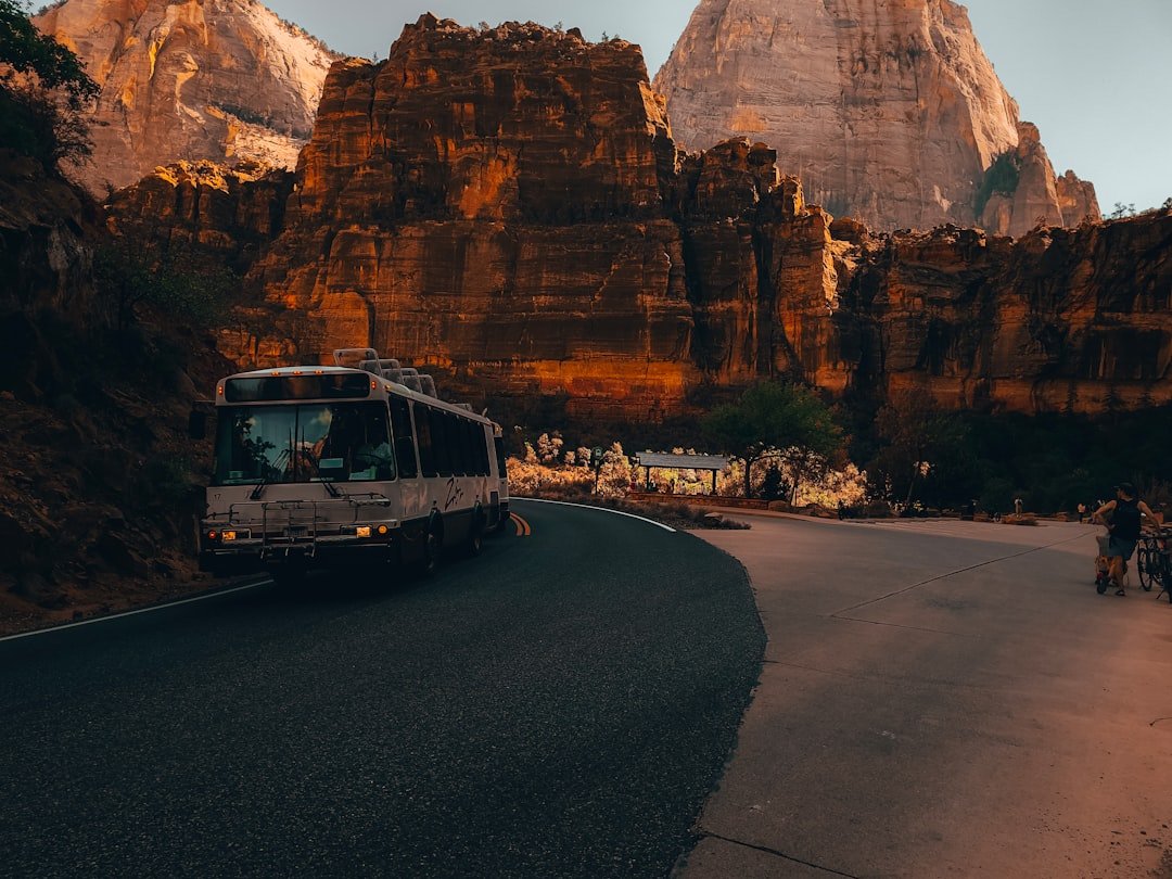 a bus driving through a canyon