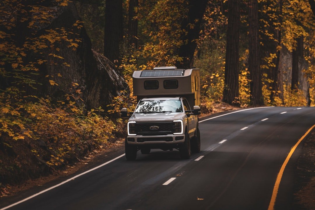 A truck driving down a road in the woods