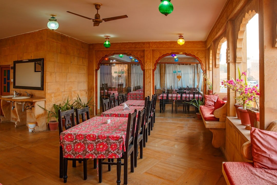 a room with tables and chairs