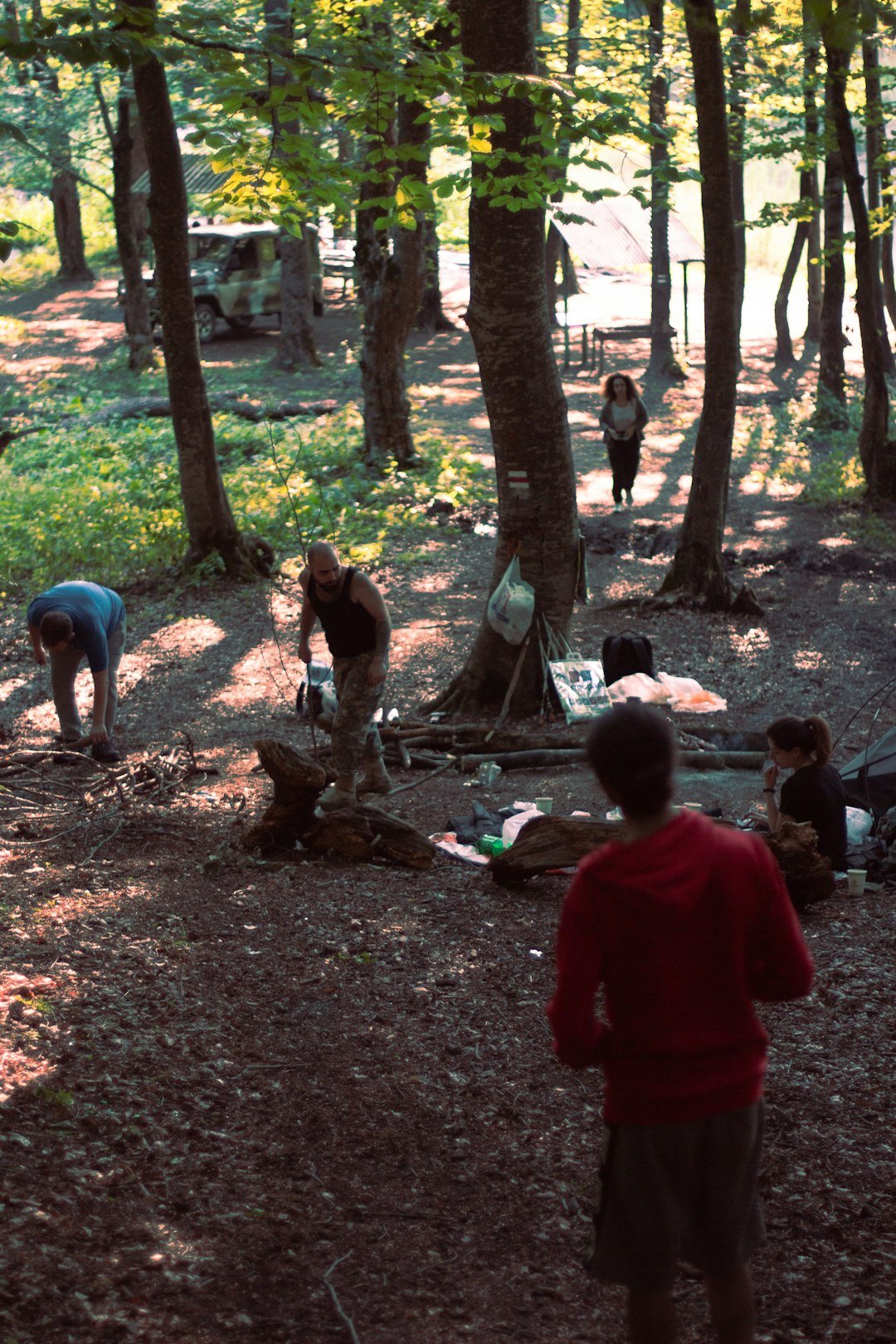 a group of people camping in the woods