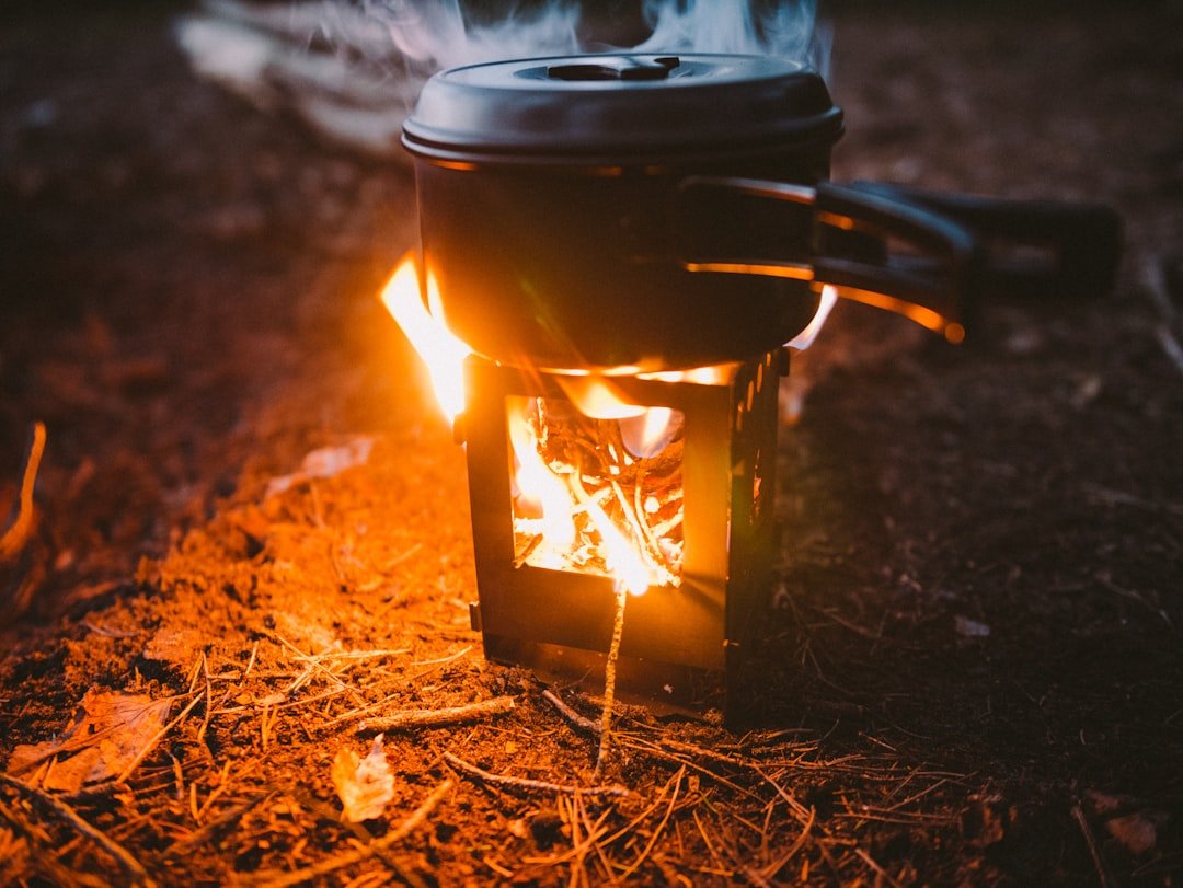 black steel kettle on brown dried leaves