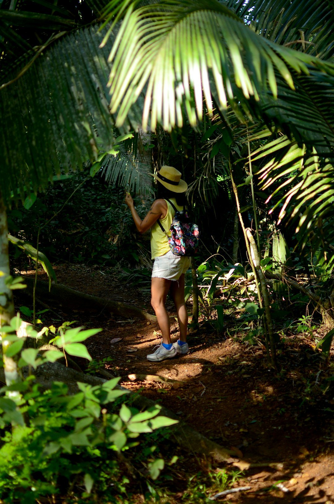 A woman walking through a lush green forest