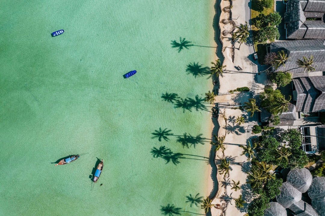 An aerial view of a beach with people in the water