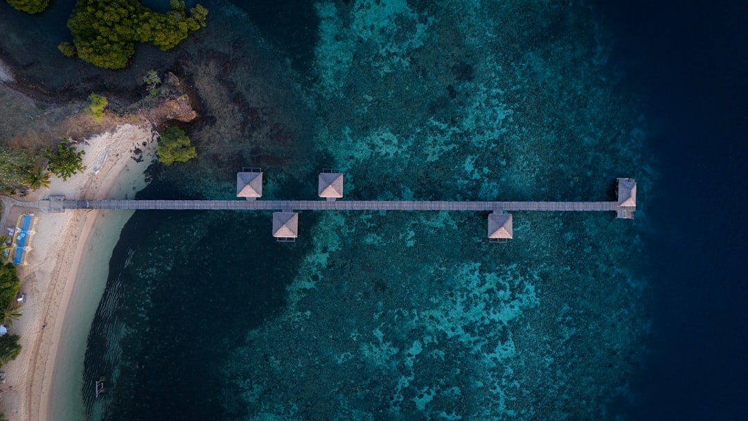 A pier stretches into the turquoise ocean water.