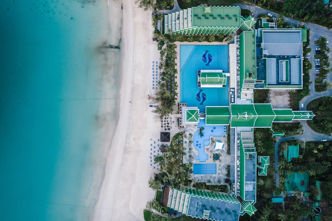 An aerial view of a resort on the beach