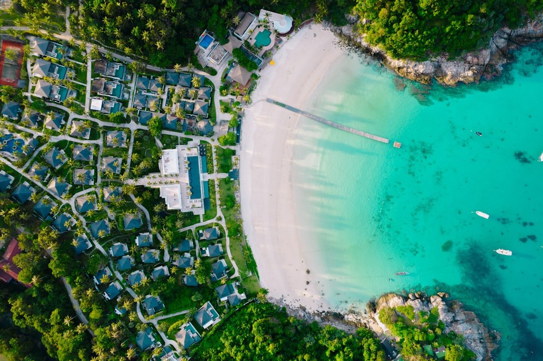 A bird's eye view of a beach and resort