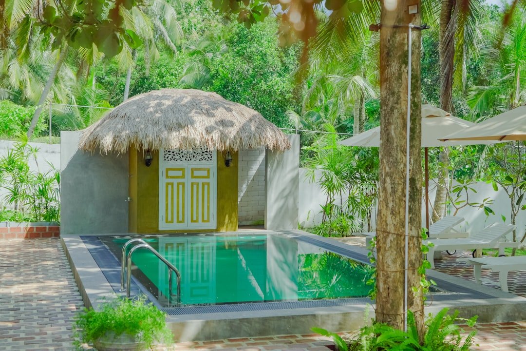 A swimming pool next to a hut.