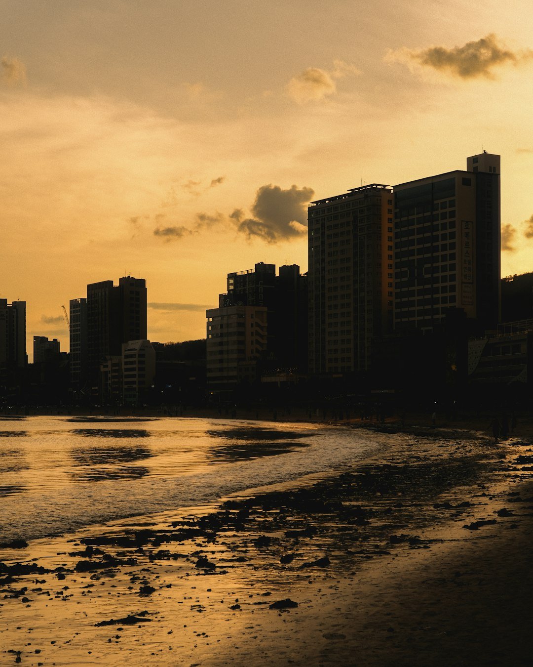 a beach with buildings along it